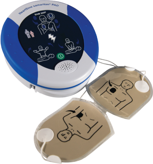 HeartSine Samaritan PAD Machine With Adult Defibrillator Pads Connected