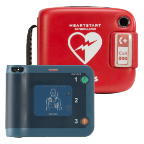Philips Heart Start Defibrillator Machine With Red Case Posed Behind It