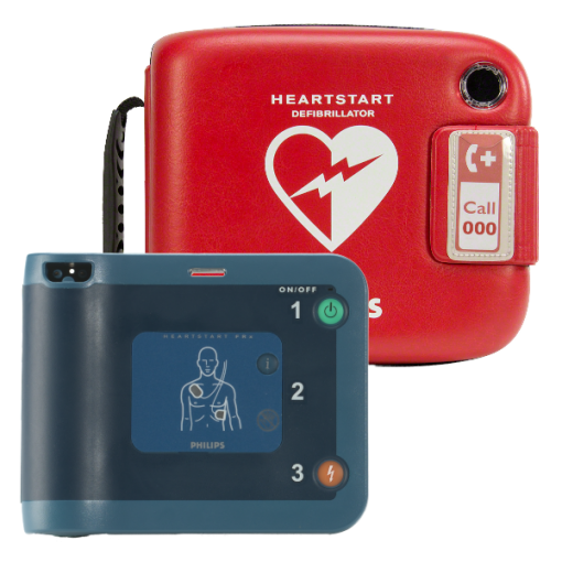 Philips Heart Start Defibrillator Machine With Red Case Posed Behind It