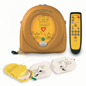 HeartSine Samaritan PAD in yellow case with remote and defibrillator pads