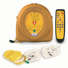 HeartSine Samaritan PAD Defibrillator in Yellow Case With Remote And Pads Open