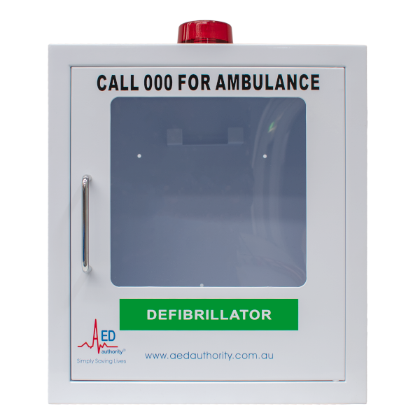 White empty alarm cabinet for defibrillator machine