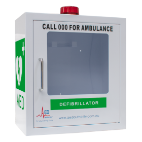 White empty alarm cabinet for defibrillator machine