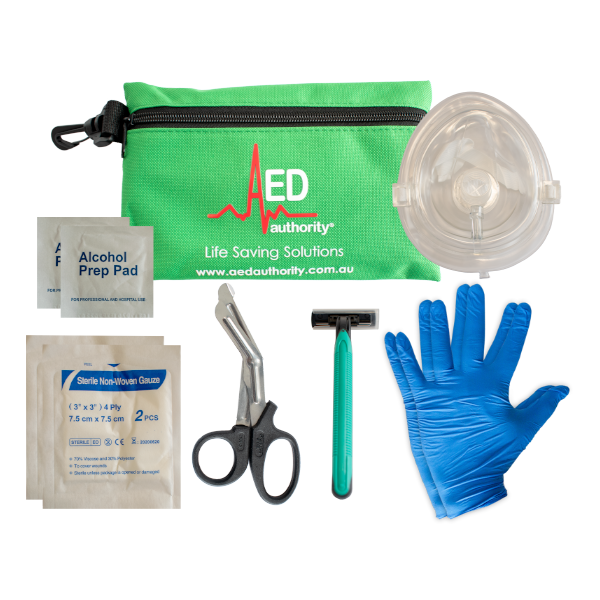 AED Authority First Responders Kit With Interior Products Arranged In Front Of Case