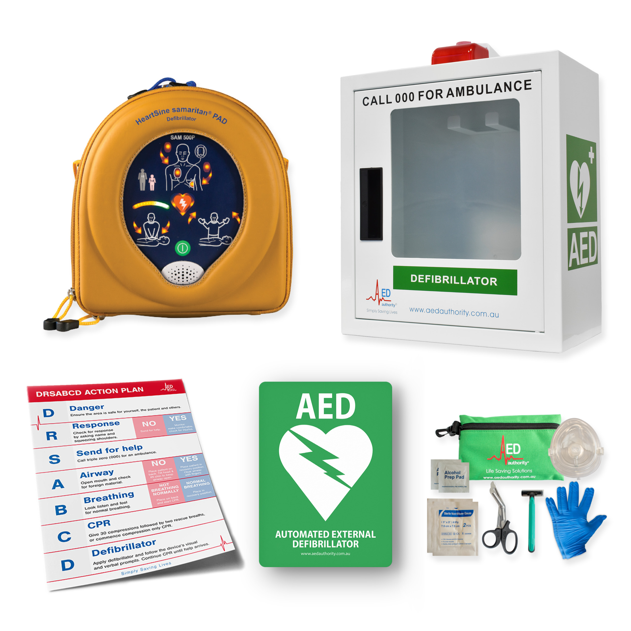 Picture of a HeartSine 500P AED with Cabinet and accessories