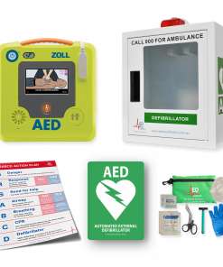 Photo of ZOLL AED with alarmed cabinet wall sign and accessories