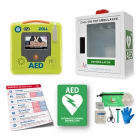 Photo of ZOLL AED with alarmed cabinet wall sign and accessories