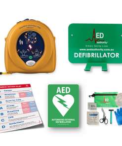 Picture of a HeartSine AED with accessories