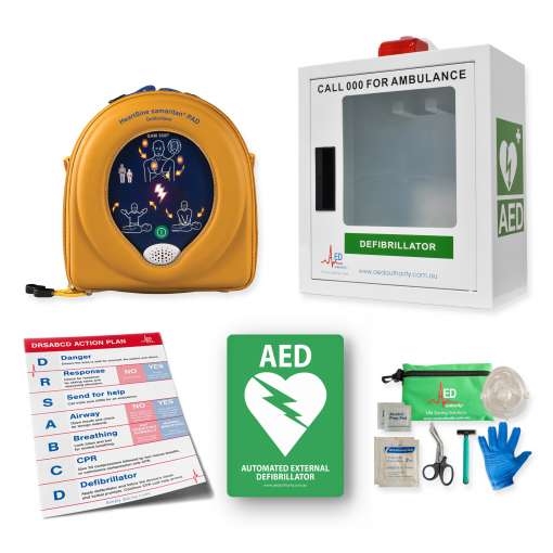 Picture of a HeartSine 360P AED with cabinet and accessories